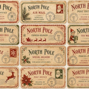 May include: A collection of vintage-style North Pole labels with various designs. Each label features the words "North Pole" and holiday-themed illustrations, including Santa Claus, reindeer, and holly. The labels are in shades of red, green, and beige.