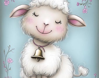 Lamb Clipart, Cute Lamb Art, Baby Sheep, Nursery Lamb, Spring Lamb, Floral Lamb, Whimsy Sheep, Cartoon Lamb, Lamb Drawing