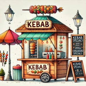 Imágenes prediseñadas de kebab, gráficos de tiendas de comida, arte de comida callejera, tienda de kebab, escaparate original, Donner Kebab, carne y patatas fritas, imágenes JPG