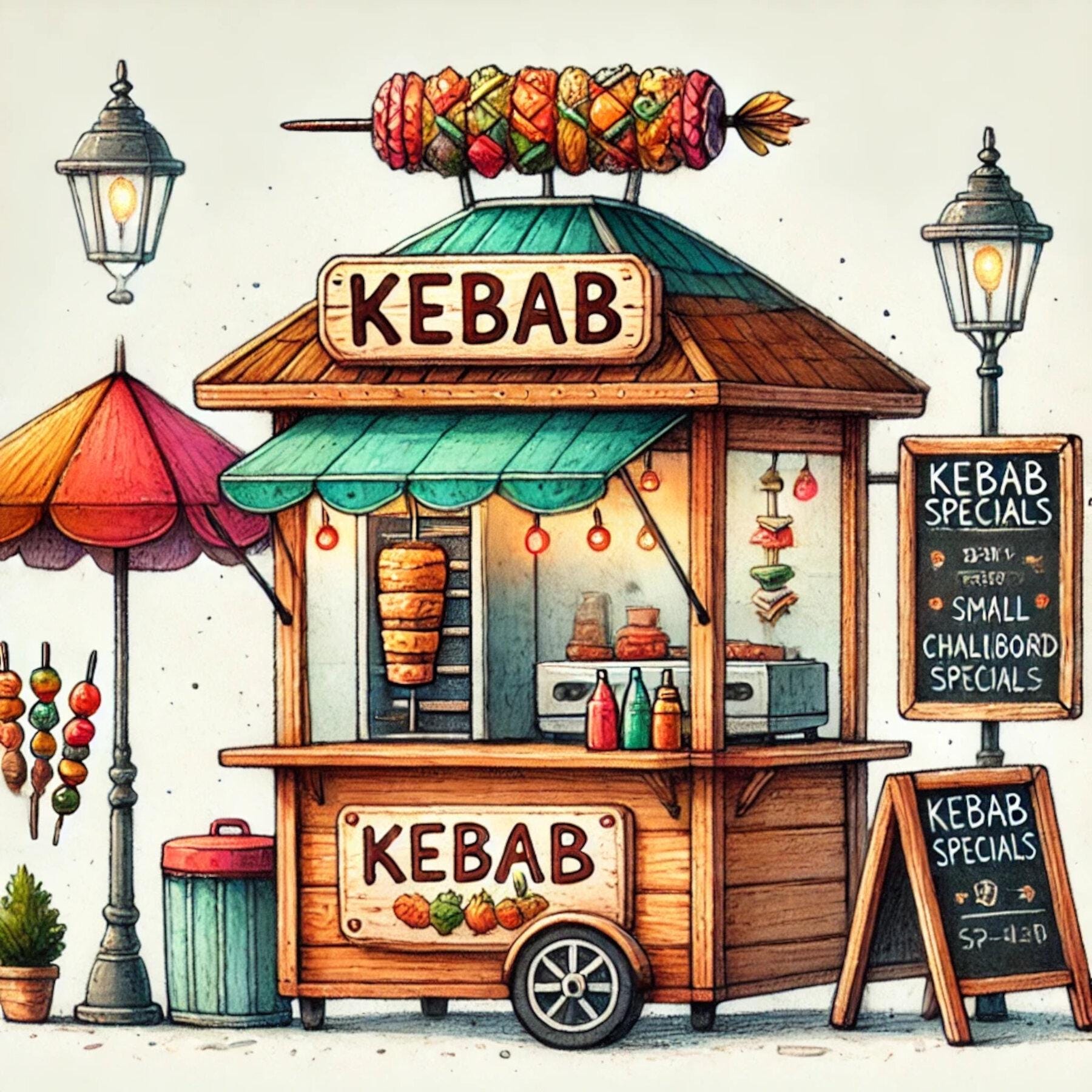 Kebab shop clipart, food shop graphic,, street food art,, kebab store, whimsical storefront, Donner Kebab, Meat and Chips, JPG images