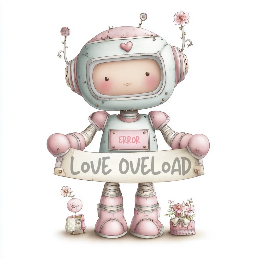 Love Overload Robot Set, Pastel Valentine Bots, Floral Heart Robots ...