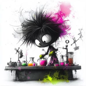 Può includere: Illustrazione stravagante di un personaggio dei cartoni animati con capelli neri a spillo e grandi occhi bianchi, vestito con un camice viola, che conduce esperimenti. L'immagine presenta becher e fiasche piene di liquidi colorati, con schizzi di vernice rosa e verde.