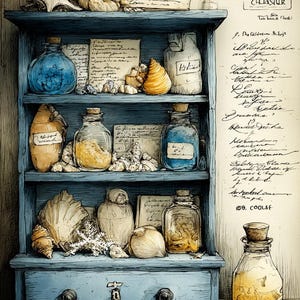 May include: A blue wooden shelf with three tiers and a bottom drawer, filled with glass bottles containing colored liquids, various seashells, and handwritten notes. A separate glass bottle with a cork stopper sits on the surface below.