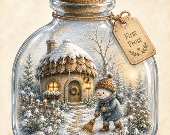 Peut inclure: Une bouteille en verre transparent avec un bouchon en liège contenant une scène d'hiver miniature avec un chalet enneigé et un bonhomme de neige balayant un chemin. Une étiquette en papier beige porte le texte First Frost et un petit cœur.