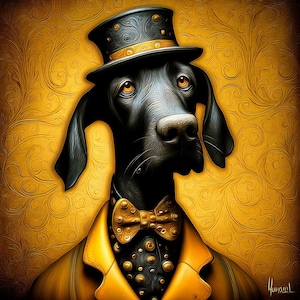 May include: A digital painting of a black dog wearing a top hat and a yellow bow tie. The dog is dressed in a yellow suit jacket over a black shirt with gold embellishments. The background is a golden yellow with a swirling pattern.