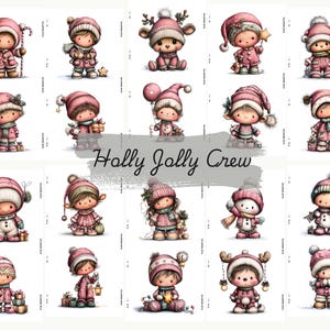 May include: A collection of whimsical illustrations featuring cute characters in winter attire. Each character is dressed in shades of pink and white, wearing hats, scarves, and holding festive items like candy canes and gifts. The text "Holly Jolly Crew" is displayed in the center.