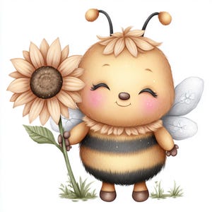 bee clipart, flower bee, cute bee art, sunflower bee, bumblebee print, garden bee, smiling bee, honeybee art, whimsical bee
