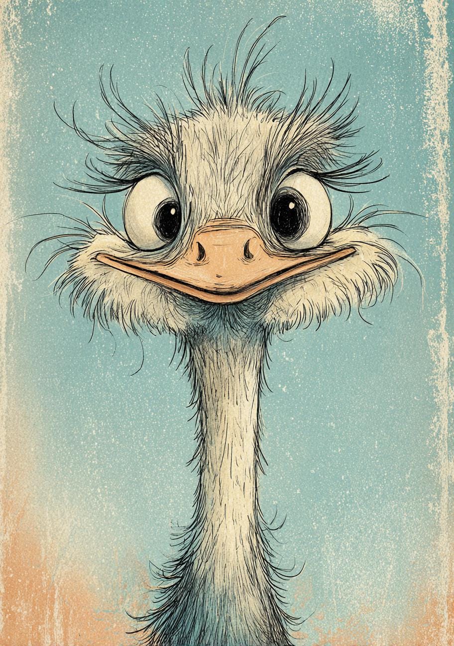 気まぐれなダチョウ、漫画のダチョウ、面白い鳥のアート、大きな目の鳥