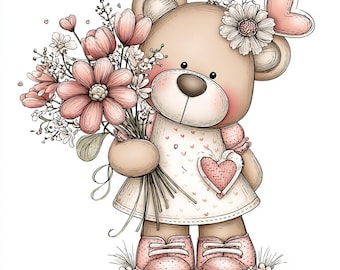 Teddy Bear With Flower Bouquet CLIPART, Soft Pink Hearts And Romantic Illustration
