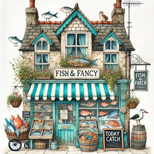 Poisson frais, clipart poissonnerie, clipart de fruits de mer, aquarelle de poisson, art du marché aux poissons, art de la boutique de l'océan, art du poisson frais, décor de poisson. Images JPG