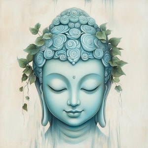 Inner Bloom, blauwe boeddhakunst, serene muurkunst, bloemen boeddhaprint, zen interieur, spirituele kunstwerken, boho boeddha-decor, JPG-afbeeldingen