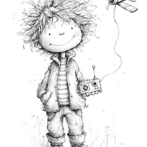 May include: A whimsical black and white illustration of a smiling child holding a remote control connected to a small airplane. The child wears a striped shirt, jacket, and jeans. The airplane is flying in the air.