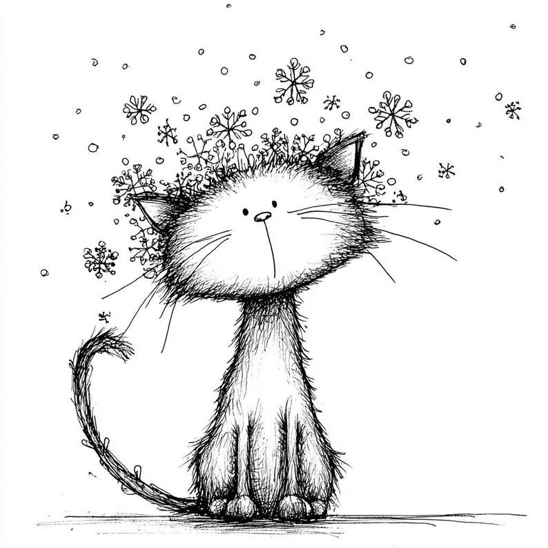 Whimsical Snow Cat Illustration, Cute Winter Kitty Sketch, Playful ...