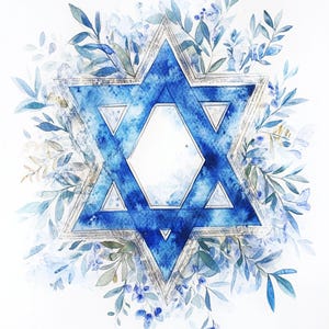 May include: A blue watercolour Star of David surrounded by blue and green watercolour leaves and flowers.