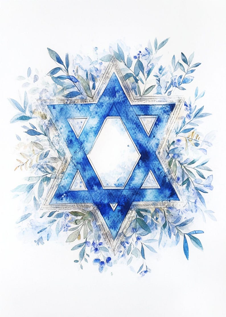 May include: A blue watercolour Star of David surrounded by blue and green watercolour leaves and flowers.