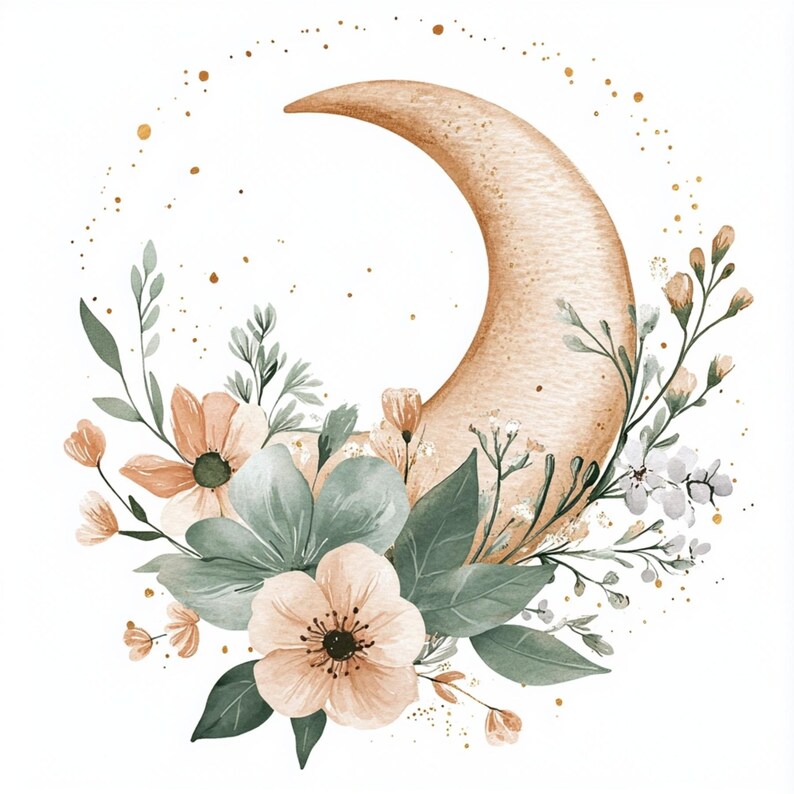 Moon Clipart, Floral Moon, Crescent Art, Boho Moon, Watercolor Moon ...