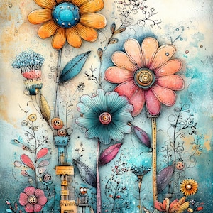 May include: A vibrant watercolour illustration depicting stylised flowers in orange, pink, and blue hues. The artwork showcases intricate stems, leaves, and a small butterfly, set against a textured, colourful backdrop. The overall theme is nature and fantasy.