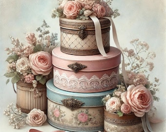 Vintage Hatbox Daydreams, vintage hat boxes, floral hat box art, romantic clipart, shabby chic art, watercolor boxes, feminine decor art