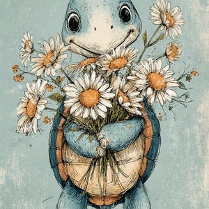 May include: A whimsical illustration of a smiling turtle holding a bouquet of daisies. The turtle is blue with an orange and yellow shell. The daisies have white petals and orange centers, set against a light blue background.