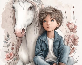 Teen Boy Horse CLIPART, Equestrian Illustration Set, Rustic Pony Art, Soft Watercolor Style, Country Farm Theme