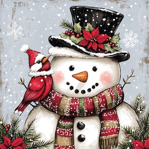 Schneemann & Vogel, Kardinalkunst, Festlicher Schneemann, Weihnachtsfreunde, Urlaub, Zylinder, Roter Schal Schneemann, Schnee-Tagesszene, Weihnachtsstern-Schneemann,