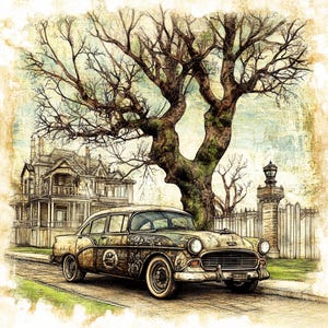 May include: An artistic rendering of a vintage car parked on a street, with a large tree and a Victorian-style house in the background. The car is painted in shades of brown and green, with white-walled tires. The scene has a vintage, aged aesthetic.