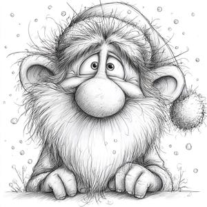 Könnte beinhalten: Detaillierte Bleistiftskizze einer skurrilen Weihnachtsmannfigur. Die Illustration zeigt eine große Nase, einen langen weißen Bart und eine Weihnachtsmütze mit Bommel. Schneeflocken sind leicht im Hintergrund skizziert und schaffen ein festliches Urlaubsthema.