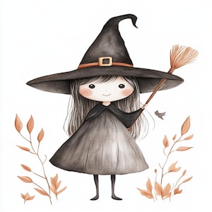 Witch Girl, Cute Witch Art, Watercolor Witch, Halloween Witch, Little Witch, Black Hat Girl, Witch Costume, Whimsical Witch, Autumn Magic