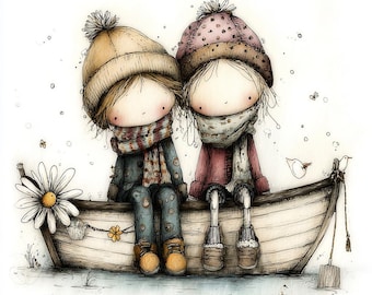 Cute Kids in Boat Clipart, Cozy Winter Outfits PNG, Hand-Drawn Boy and Girl with Daisy, Whimsical Illustration Set