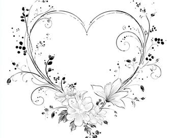 Valentine Heart Frame CLIPART, Black And White Floral Hearts, Decorative Line Art Borders, Romantic Frame Set