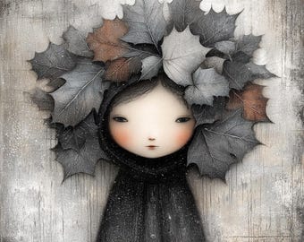 Gothic Winter Girl Clipart, Dark Forest PNG, Moody Leaf Crown Art, Enchanted Girl Illustration, Snowy Woodland Aesthetic