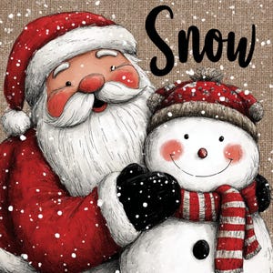 Art de bonhomme de neige du père Noël, impression duo d'hiver, câlins de Noël, art de neige confortable, art de paire de fête, neige d'écharpe rouge, image de père Noël joyeux, joie de vacances enneigées