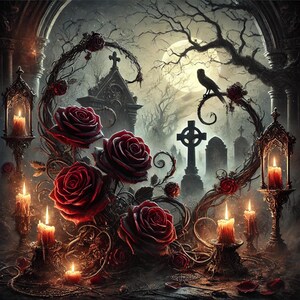 Dark Gothic Roses, Gothic Roses, Moonlit Graveyard, Eerie Candles ...