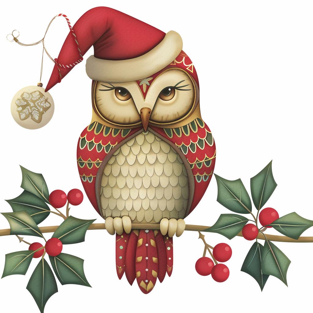 christmas owl, festive owl, holiday decor, winter bird, cute owl art, xmas decorations, woodland owl