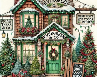 Christmas Tree Farm, Xmas tree art, holiday farm art, watercolor trees, Christmas tree art, festive farm shop, winter tree clipart, JPGs