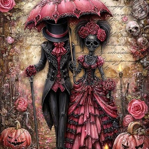May include: Digital art of a gothic couple, depicted as skeletons, walking under a red umbrella. The man wears a black suit and top hat, while the woman is in a red dress. Pumpkins and roses surround them, creating a Halloween theme.