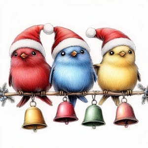 Bird Clipart, Xmas Birds, Holiday Birds, Winter Birds, Santa Birds, Cute Birds, Bell Ornaments, Christmas Birds, Red Blue Yellow