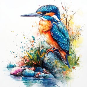 Art de martin-pêcheur, peinture d'oiseau, oiseau aquarelle, oiseau bleu orange, art de la nature, oiseau aquatique, art splash couleur, impression d'animaux sauvages, oiseau sur rocher