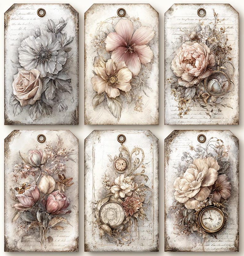 Vintage Floral Tags CLIPART, Antique Flower Ephemera, Botanical Gift ...