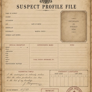 May include: A vintage-style beige paper document titled Metropolitan Detective Bureau Suspect Profile File. It features fields for personal details, a photograph box, physical description, fingerprint classification, and a handwritten signature.
