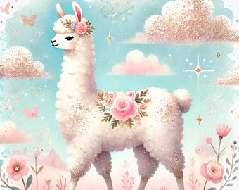 Glitter llama, whimsical llama,  watercolor llama, cute llama art, pastel llama, llama clipart, sparkly llama JPG images