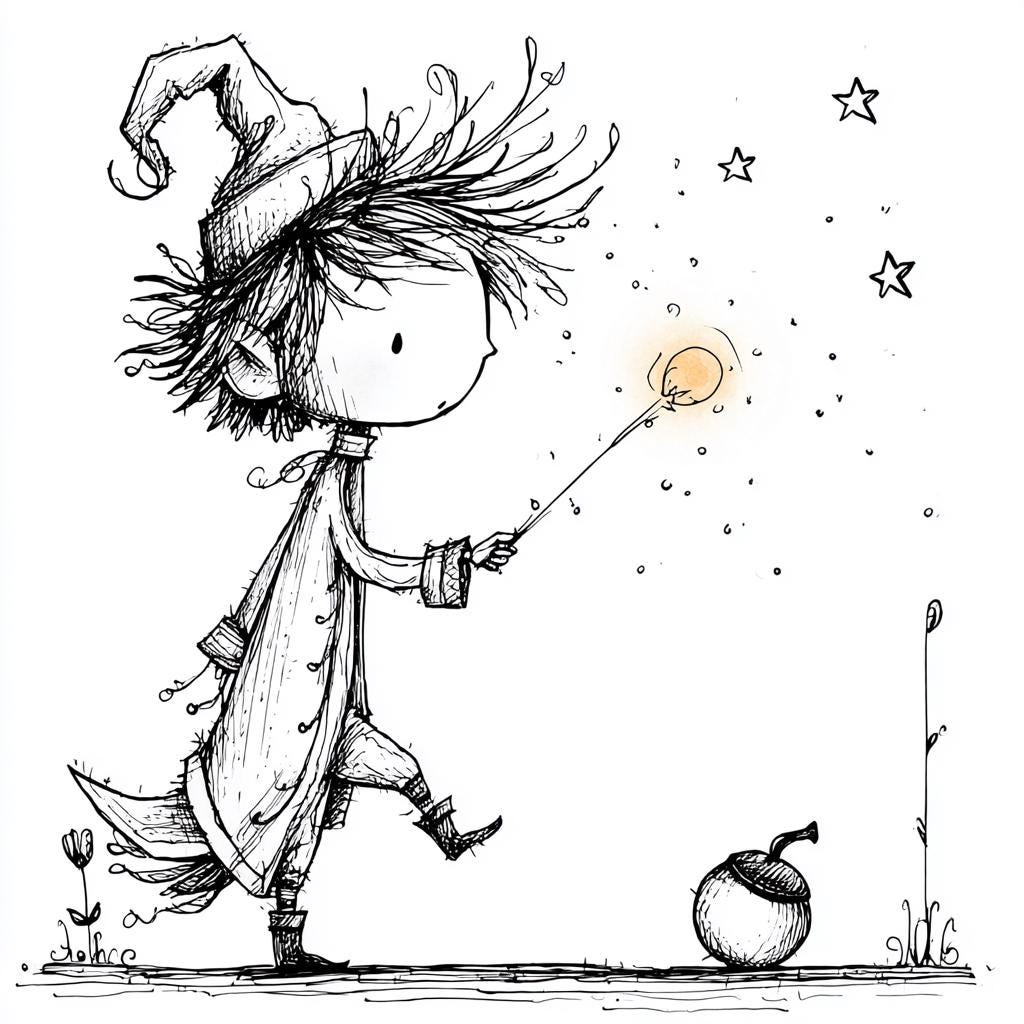 Whimsical Elf Balancing on Acorn | Ink and Watercolor Fantasy ...