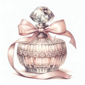 May include: A clear glass perfume bottle with a pink ribbon bow and a diamond-shaped stopper. The bottle has a detailed design and is filled with a light pink liquid.