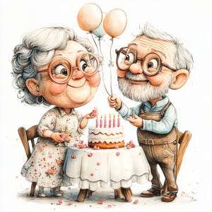 Noch zusammen, älteres Paar, Geburtstagsfeier, süße Großeltern, Cartoon-Stil, Kuchenfeier, wunderliche Kunst, Luftballons und Kuchen, JPGs