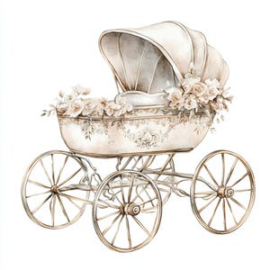 May include: A watercolour illustration of a vintage baby carriage. The off-white carriage features floral accents and a decorative pattern. It has large spoked wheels and is decorated with cream-coloured roses.