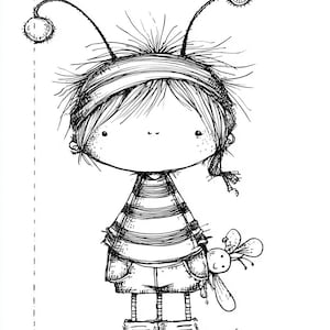 Könnte beinhalten: Schwarz-Weiß-Illustration einer Cartoonfigur mit antennenartigen Merkmalen und einem gestreiften Hemd. Die Figur hält ein kleines, geflügeltes Wesen und trägt Shorts und große Schuhe. Der Zeichenstil ist einfach und charmant.