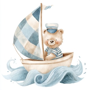 Baby Sailor, orsetto nautico, stampa di una barca a vela per bambini, orsacchiotto marinaio, stampa di una barca blu, mare bizzarro, oceano per bambini, simpatica arte marinara, orsacchiotto in barca
