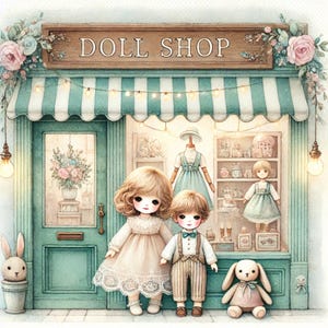 Clipart de loja de bonecas, loja de brinquedos vintage, arte fofa de casa de bonecas, loja de brinquedos em tons pastéis, bonecas em aquarela, decoração shabby chic, berçário caprichoso, JPG's