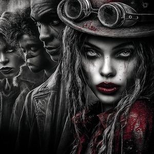 May include: A striking grayscale portrait featuring four figures with intense expressions. The central woman wears a hat with goggles and a red jacket. Her pale face contrasts with dark hair and deep red lipstick. The image suggests a gothic or steampunk aesthetic.