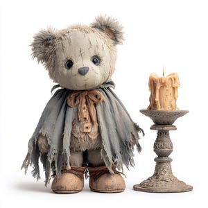Può includere: Un orsacchiotto fatto a mano con un'estetica invecchiata, che indossa un mantello e stivali strappati. Una candela accesa è in un portacandele decorativo. L'orso è beige con accenti grigi, e il mantello è blu-grigio sbiadito.